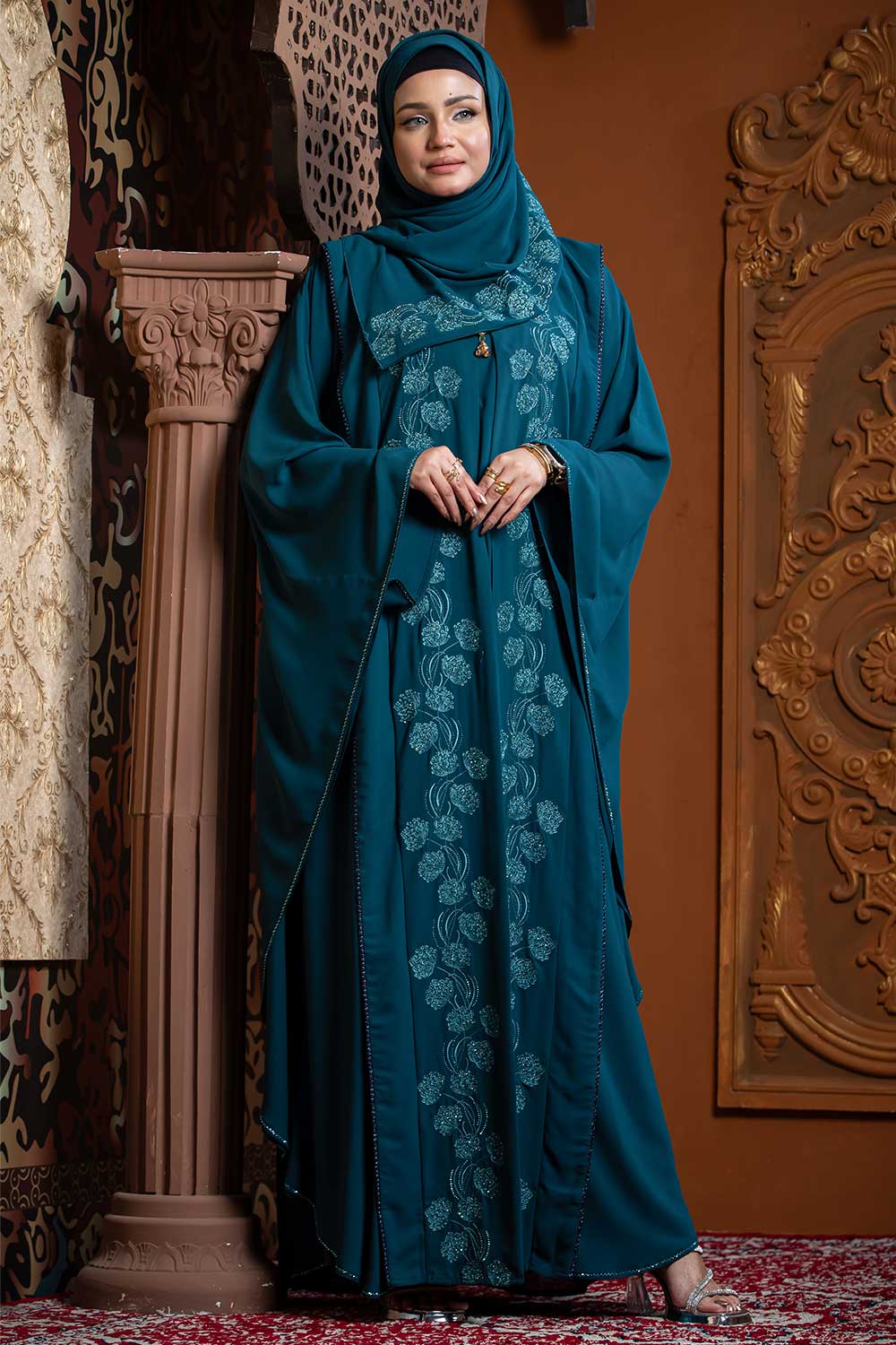 Teal Blue Color Abaya with Embroidery & Stone Work