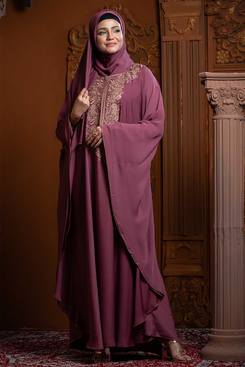 Rose Pink Color Abaya with Embroidery & Stone Work