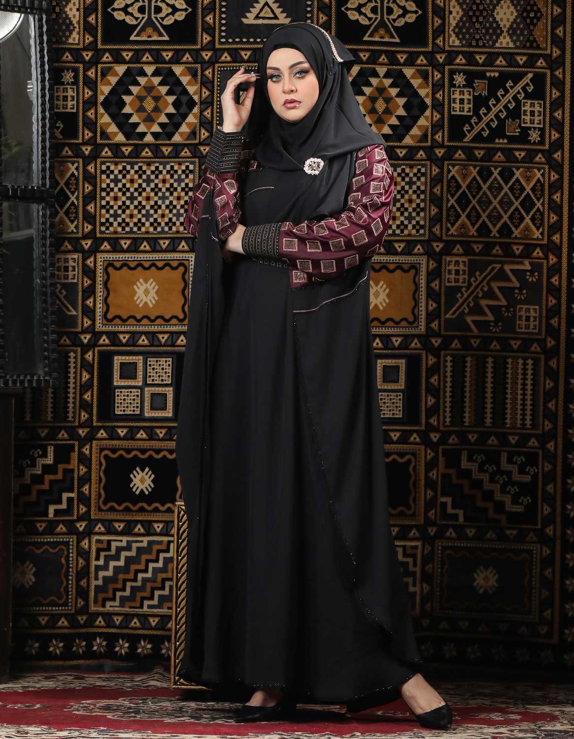 Black & Maroon Color Abaya with Stone Work