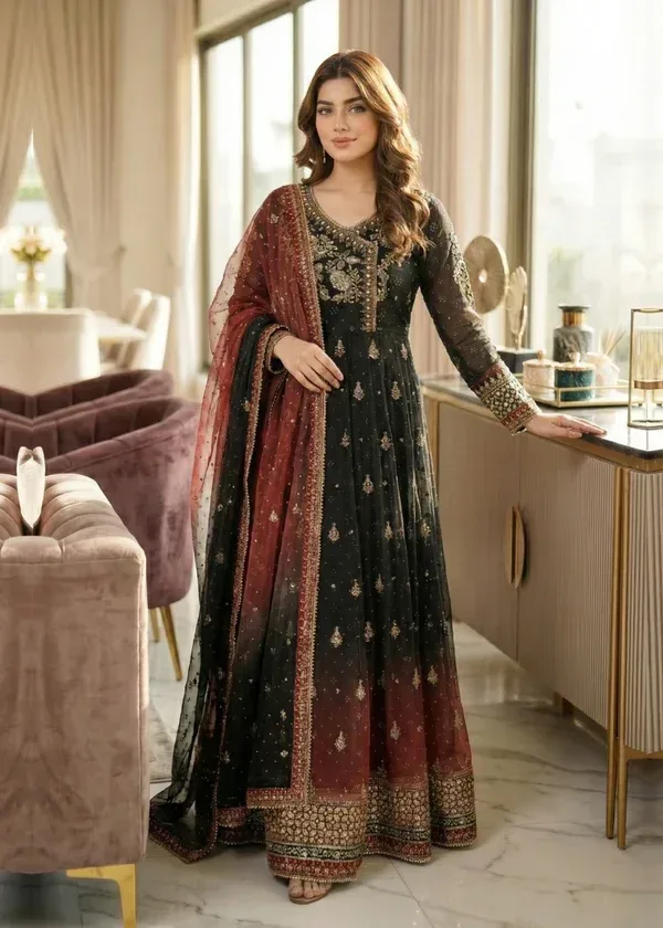 Black & Maroon Color Abaya with Stone Work
